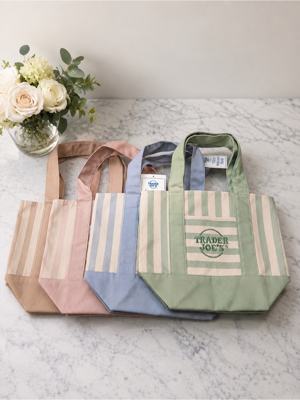Trader Joe’s Mini Canvas Tote Bag Set – Pastel Striped Collection (4 Bags) NWT
